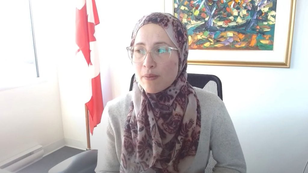 Amira Elghawaby wearing glasses and a patterned headscarf and a grey sweater seated in an office chair, with a Canadian flag to the left and a colorful framed painting on the wall behind.