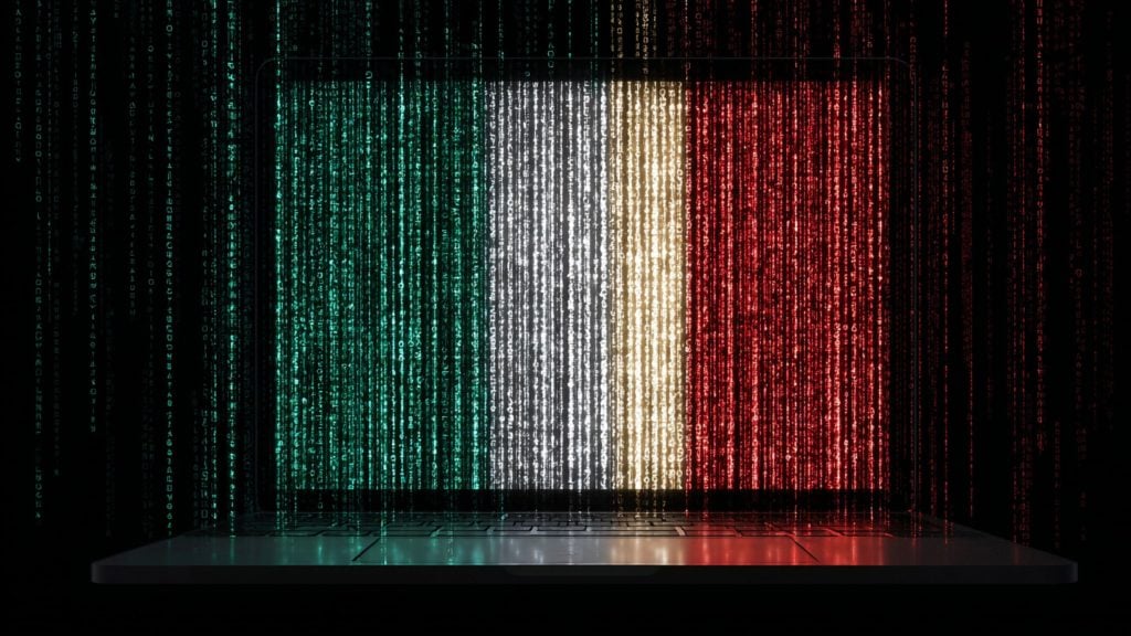 Laptop with screen displaying vertical streams of green, white, and red digital code resembling the Mexican flag colors against a dark background.