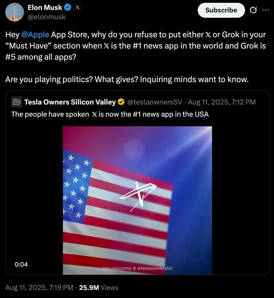 Screenshot of a verified social media post addressed to the Apple App Store asking why neither X nor Grok appears in the 'Must Have' section despite X being the #1 news app and Grok #5, with an embedded tweet from Tesla Owners Silicon Valley declaring X the #1 news app in the USA and a preview image showing an American flag overlaid with the X logo.