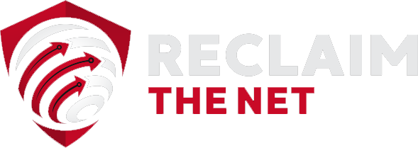 Red shield emblem with stylized swirling arrows on the left and bold text RECLAIM in white above THE NET in red to the right.