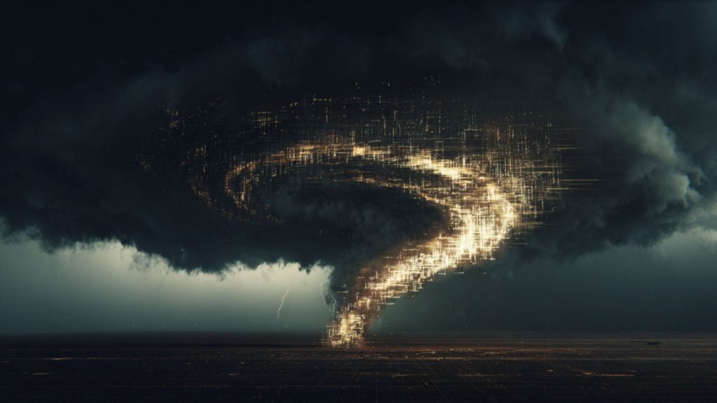 A massive tornado-like vortex of glowing golden, pixelated light spirals down from thick, dark storm clouds over a flat landscape with faint lightning in the distance.