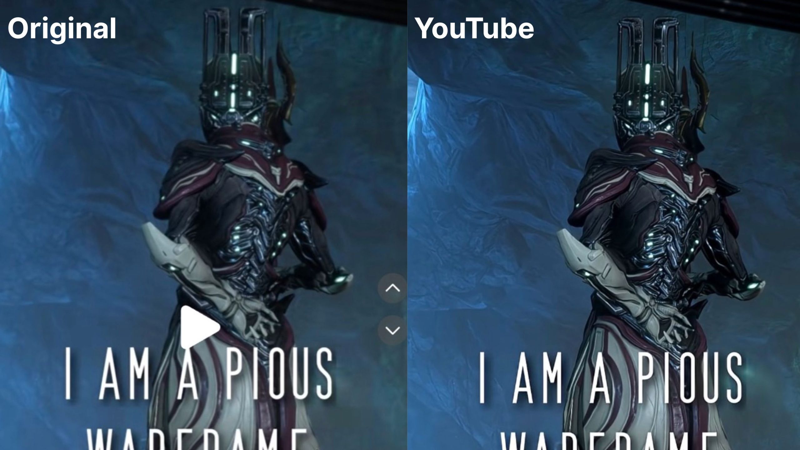 Side-by-side screenshots of an ornate armored Warframe character wearing a tall helmet with vertical lights and red-and-silver organic armor, standing against a blue icy cave backdrop with the caption "I AM A PIOUS WARFRAME" and a triangular play icon visible on the left panel.