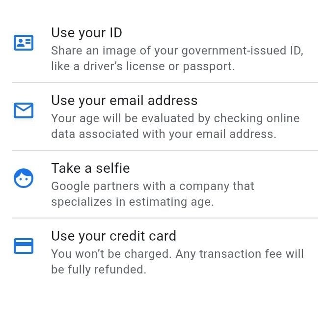 Four age-verification options listed with icons: “Use your ID” — share a government-issued ID like a driver’s license or passport; “Use your email address” — age evaluated by checking online data tied to the email; “Take a selfie” — Google partners with a company that estimates age; and “Use your credit card” — you won’t be charged and any transaction fee will be refunded.