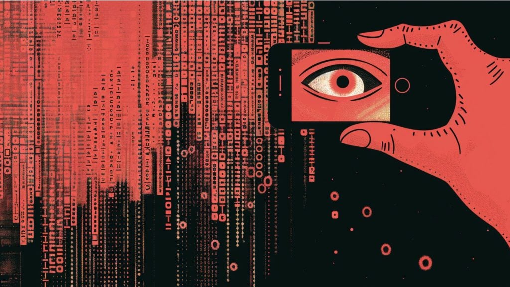 Stylized red-and-black illustration of a hand holding a smartphone that displays a large eye, with cascading columns of red digital code and symbols filling the left side.