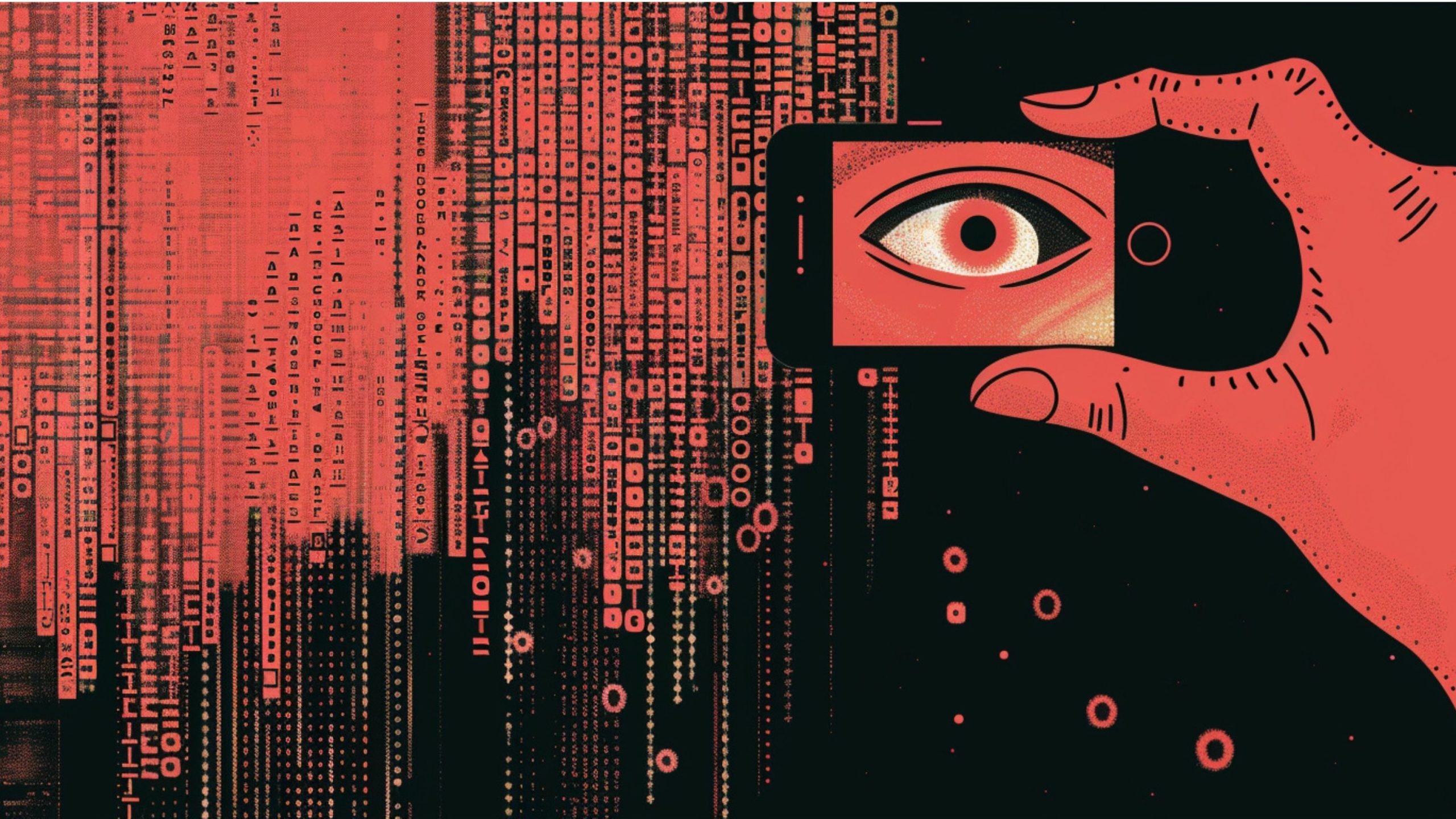 Stylized red-and-black illustration of a hand holding a smartphone that displays a large eye, with cascading columns of red digital code and symbols filling the left side.