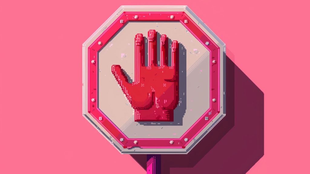 Pixel art image of a red hand in a stop gesture inside a red octagonal frame casting a shadow on a pink background
