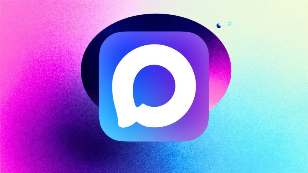 Rounded square app icon in blue-to-purple gradient featuring a large white circular speech-bubble symbol in the center, set against a grainy pink-to-cyan gradient background.