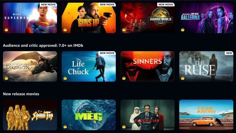 Streaming service homepage showing a dark grid of movie thumbnails and category headings like "Audience and critic approved: 7.0+ on IMDb" and "New release movies," with visible posters for films including Superman, Guns Up, Jurassic World, Ballerina, How to Train Your Dragon, The Life of Chuck, Sinners, The Ruse, The Spinal Tap, The Meg, The Phoenician Scheme, and The Last Journey.