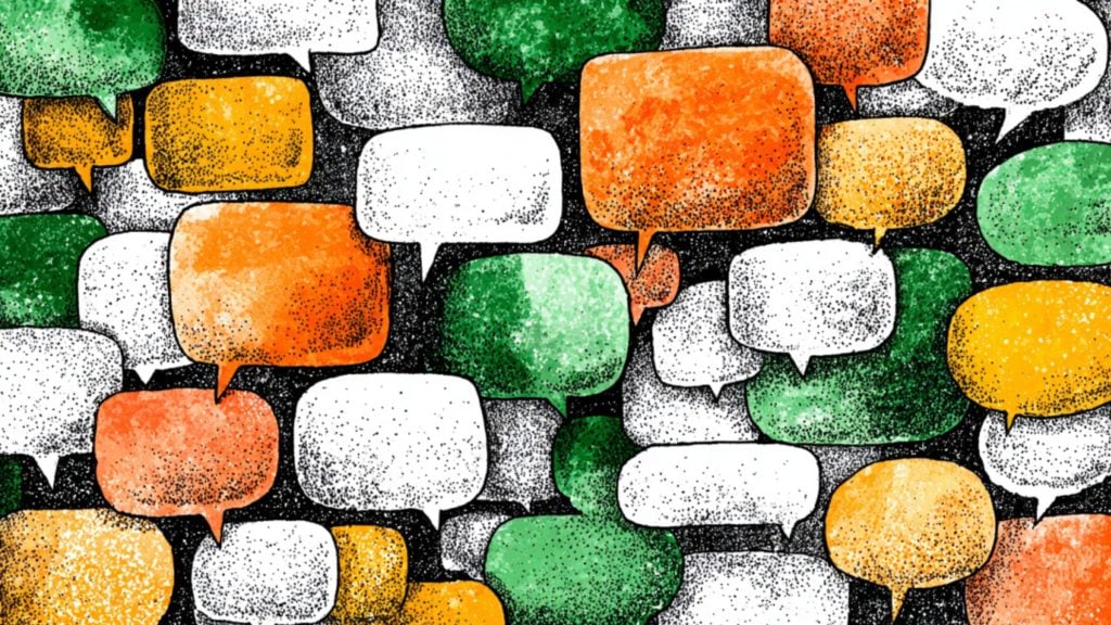 A dense pattern of overlapping hand-drawn speech bubbles with rounded rectangular shapes and small tails, colored orange, green, yellow, and white against a stippled black background with textured dot shading.