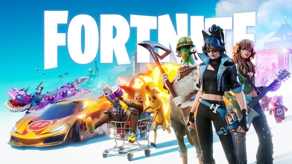 Bright promotional Fortnite scene with the white FORTNITE logo across the sky and a colorful cast: a yellow race car and purple dragon at left, an explosion and shopping cart with a player and banana mascot, a camo-helmeted chicken holding a pickaxe, and three stylized avatars—one with blue hair and spray cans and another with headphones and a guitar—at right.
