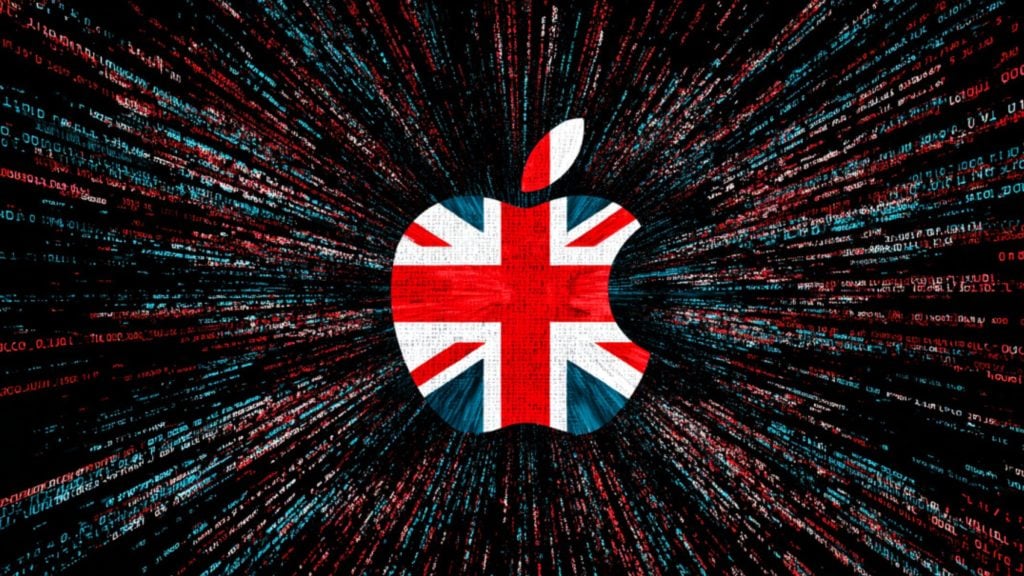 Apple logo filled with the Union Jack centered against a black background of red and cyan streaming code and numbers radiating outward like a digital tunnel.