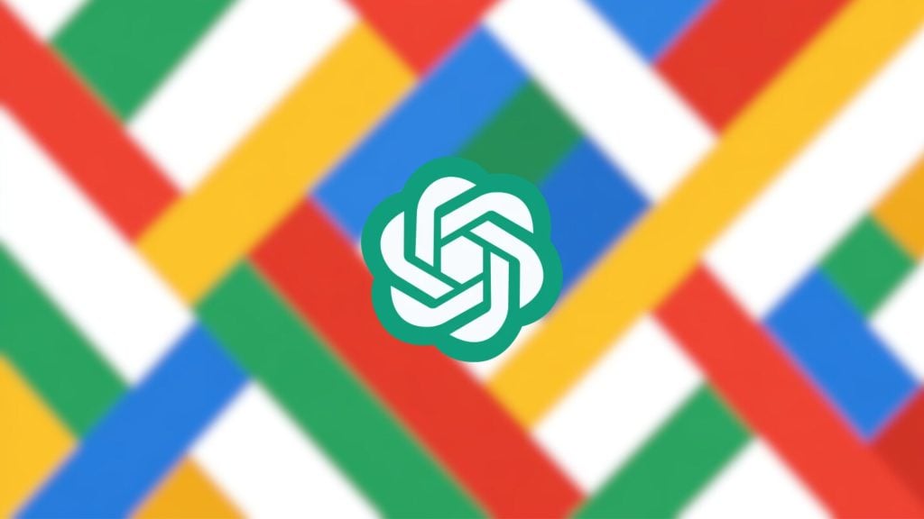 Blurred colorful diagonal stripes in red, yellow, green, blue, and white with the OpenAI logo centered, featuring a green and white geometric design.