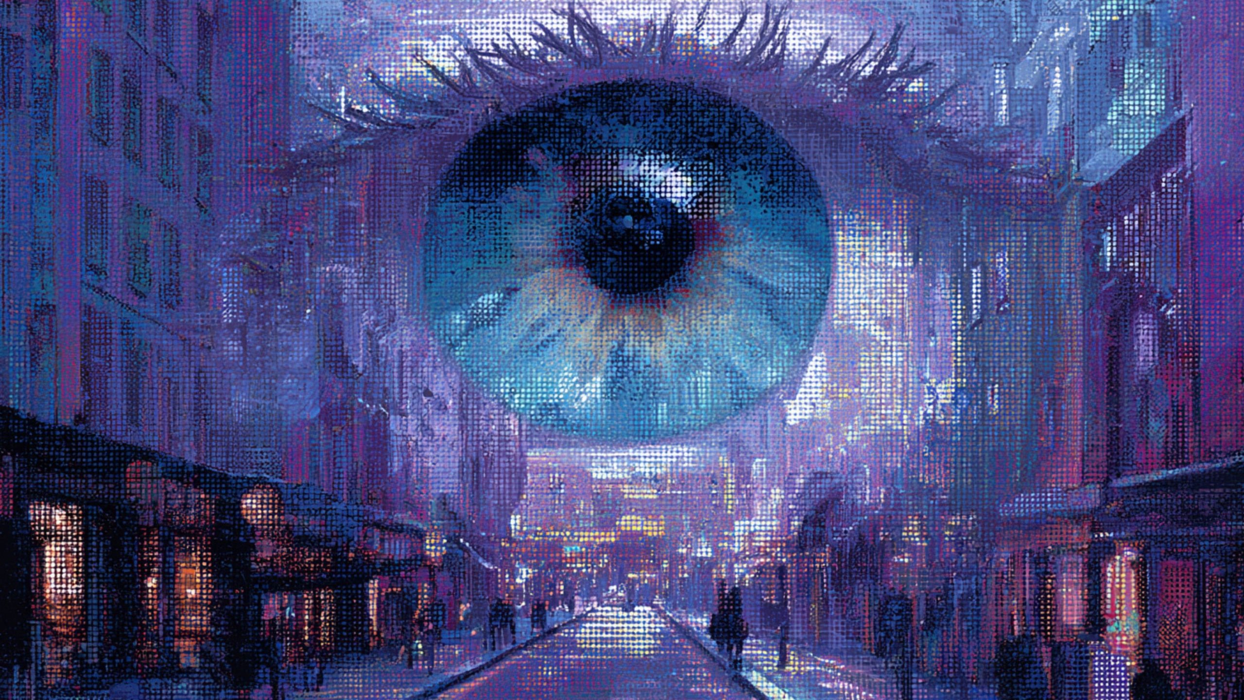 A large, detailed blue eye with visible eyelashes hovers above a neon-lit city street at night, the scene rendered in textured purple and blue brushstrokes with small silhouetted pedestrians and lit shop windows.