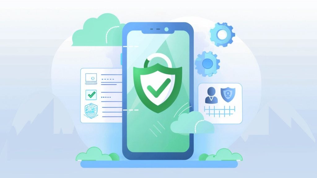 Illustration of a large smartphone displaying a green shield with a checkmark, surrounded by clouds, gears, a user profile card and a checklist, symbolizing mobile security and data protection.