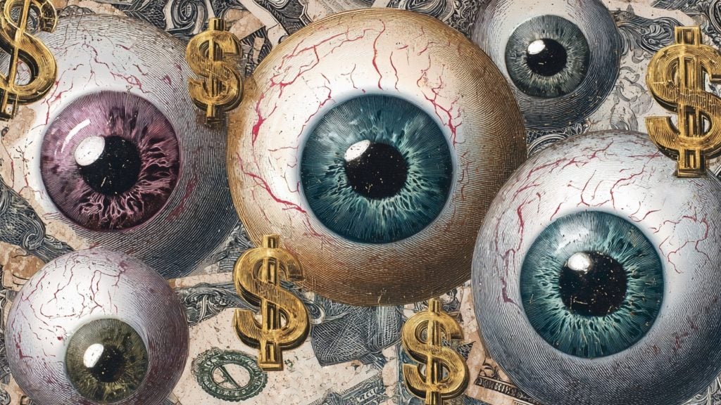 Several oversized, bloodshot eyeballs with varied-colored irises float above a collage of U.S. dollar bills, interspersed with shiny gold dollar-sign symbols.