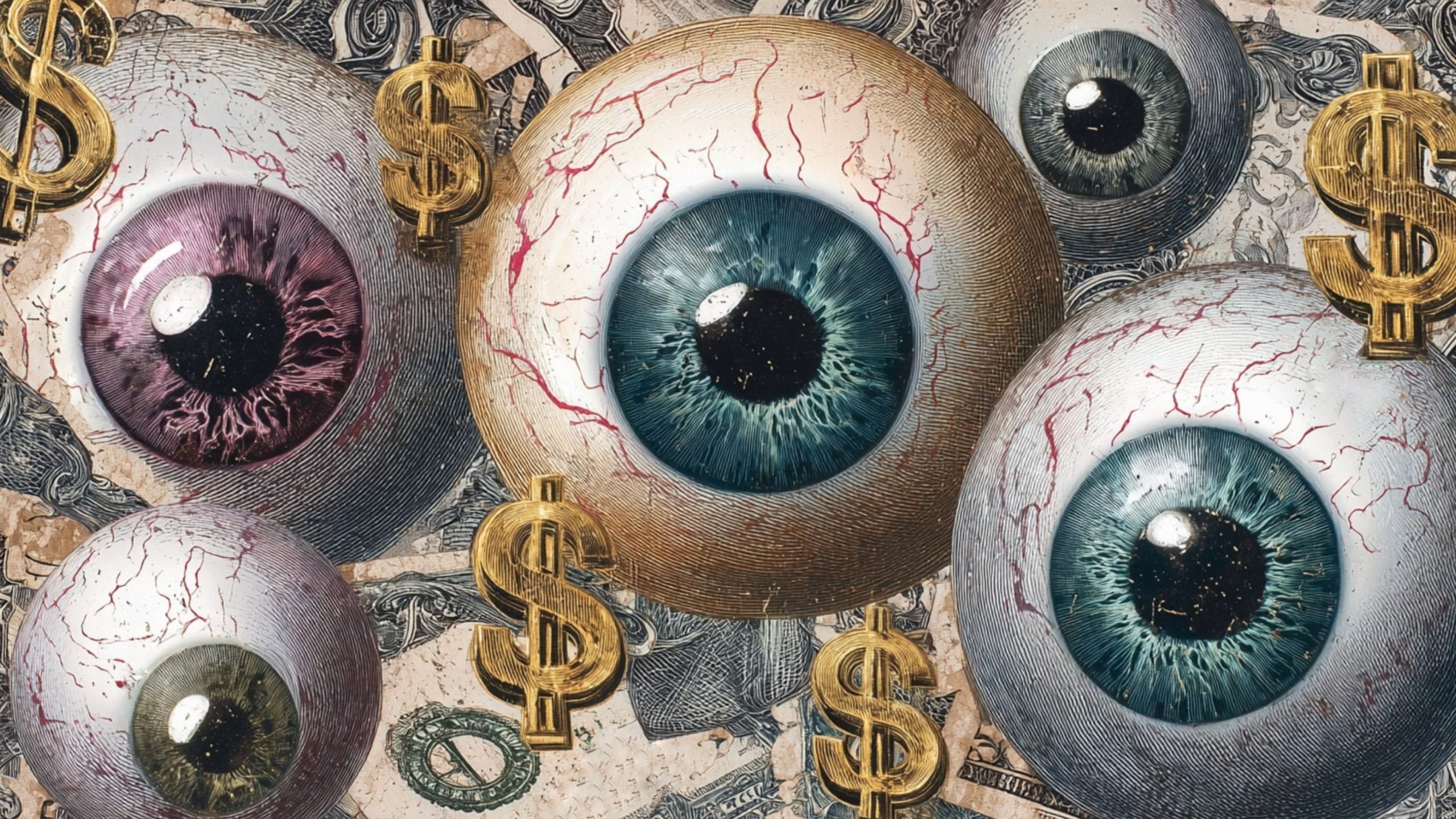 Several oversized, bloodshot eyeballs with varied-colored irises float above a collage of U.S. dollar bills, interspersed with shiny gold dollar-sign symbols.