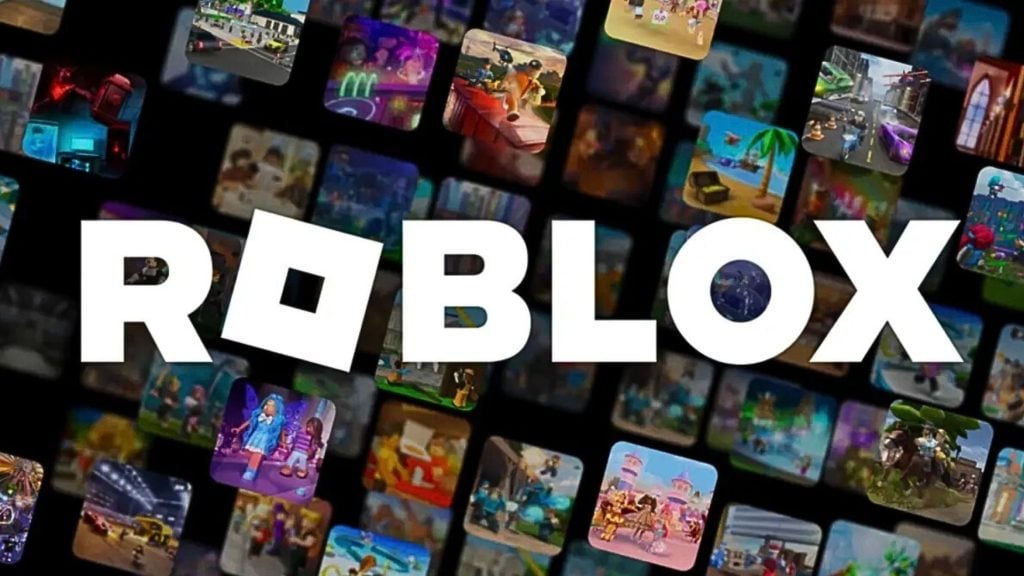 White stylized ROBLOX logo centered over a dark background tiled with many small rounded-square colorful game thumbnails showing various game scenes