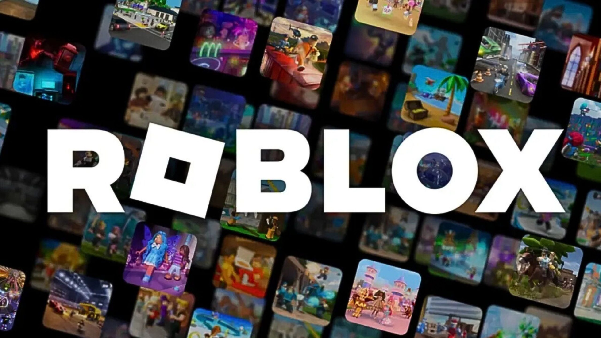 White stylized ROBLOX logo centered over a dark background tiled with many small rounded-square colorful game thumbnails showing various game scenes