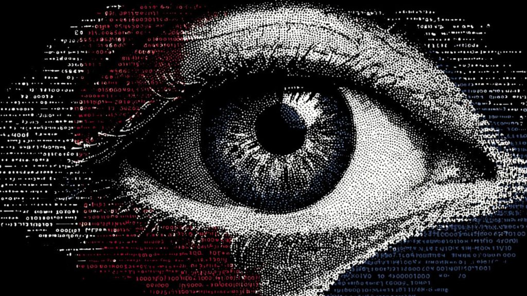 Close-up digital illustration of a human eye composed of numerous small dots with red and blue lines of code and data surrounding and forming parts of the eye against a black background