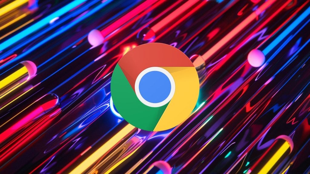 Google Chrome circular logo with red, yellow and green outer segments and a blue center centered on a diagonal neon-lit abstract background of glossy streaks and reflective tubular shapes in pink, blue and yellow.