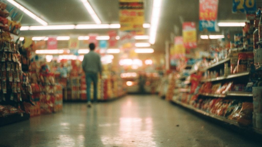 Low-angle, out-of-focus supermarket aisle with stocked shelves and colorful sale signs lining both sides and a lone shopper standing near the center under warm fluorescent lights.