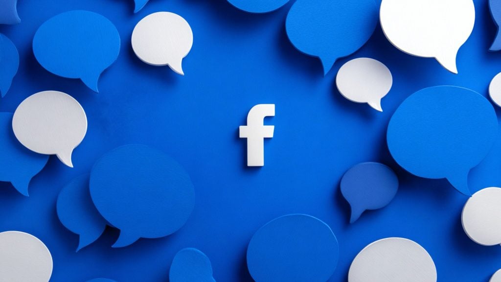 White lowercase Facebook 'f' centered on a vivid blue background, surrounded by overlapping blue and white speech-bubble cutouts.