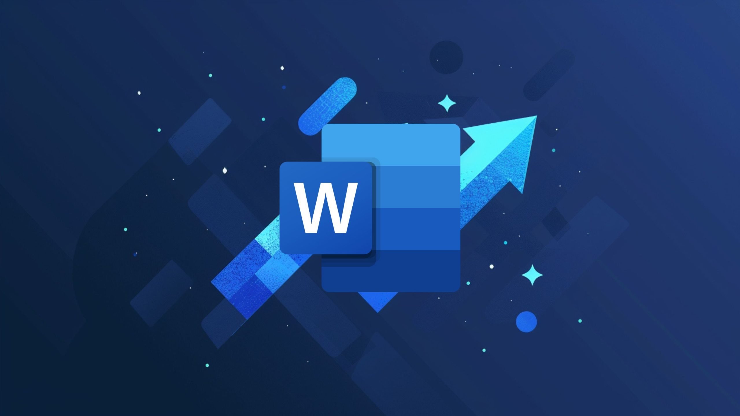 Blue Microsoft Word app icon in front of a large stylized upward arrow on a dark blue abstract background with small stars and geometric shapes.