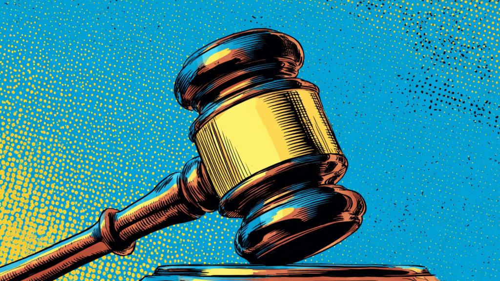 Stylized pop-art judge's gavel with vibrant gold and copper highlights poised above a sounding block against a bright blue background patterned with yellow halftone dots.