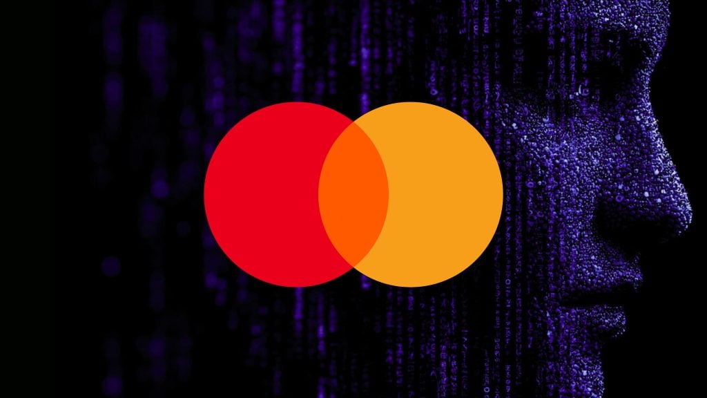Mastercard logo with interlocking red and orange circles overlaid on a digital dark blue human face with binary code patterns