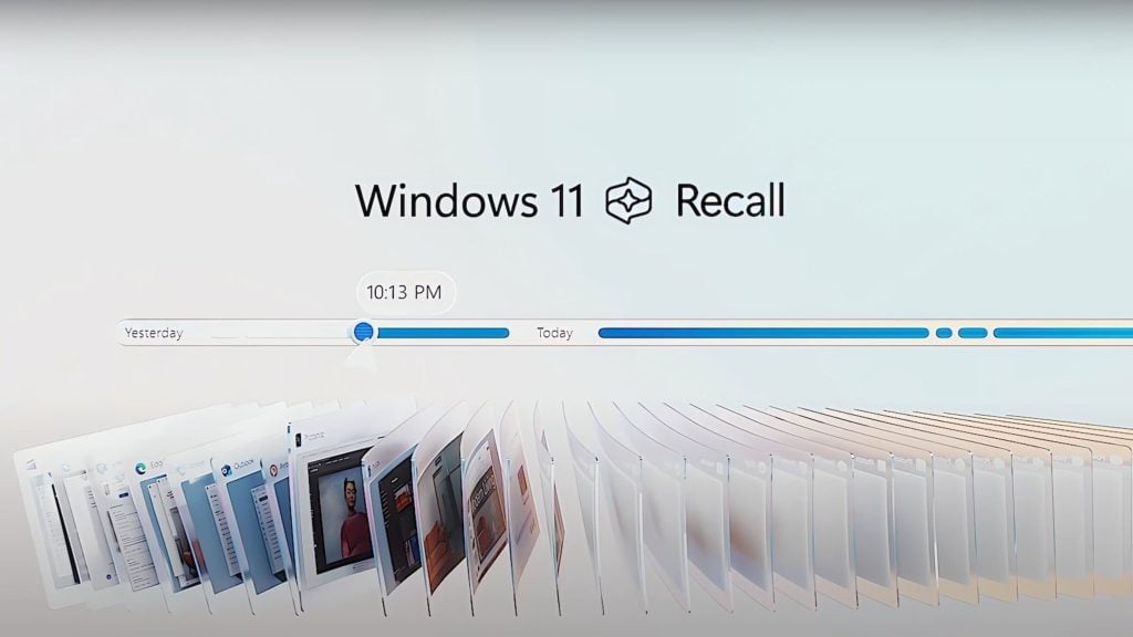 Windows 11 Recall interface showing a horizontal timeline from yesterday to today with a slider at 10:13 PM and a cascading view of multiple open application windows or documents below it.