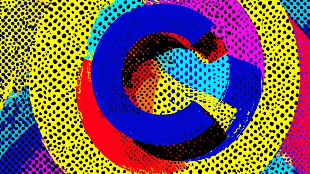 Bright pop-art style abstract showing overlapping concentric rings and torn shapes in vivid blue, yellow, red, cyan and magenta, layered with black halftone dots and a textured collage-like appearance.