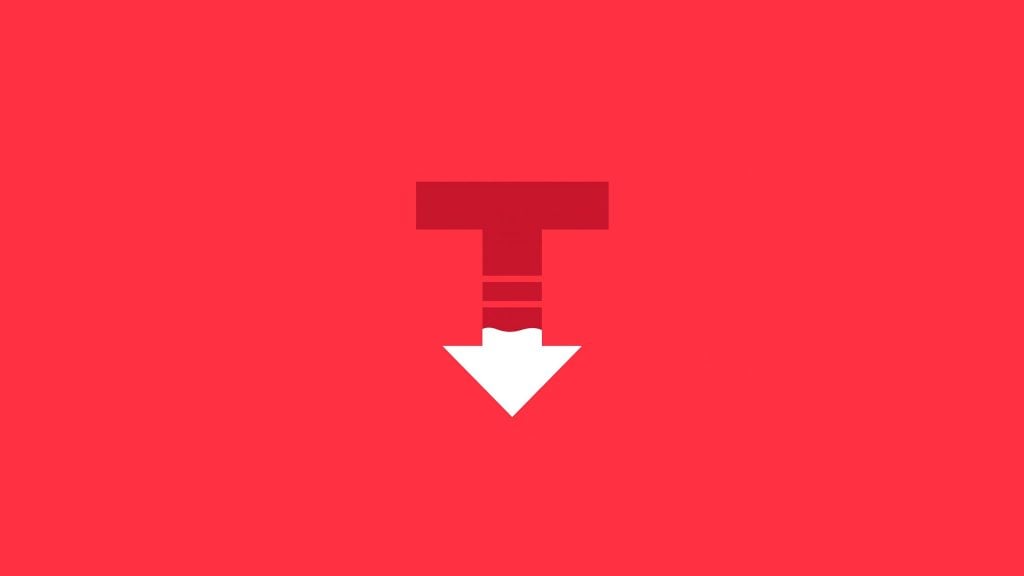 Centered minimalist graphic on a solid coral-red background featuring a dark-red blocky T shape above two short horizontal bars and a white downward-pointing arrow connected below.