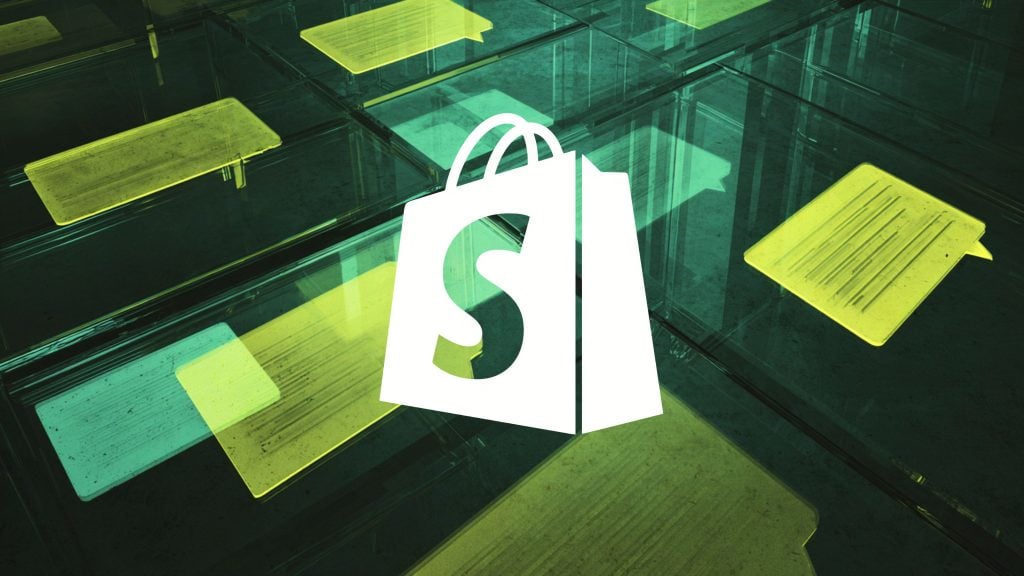 White Shopify shopping-bag logo centered over a dark teal, glass-like grid with translucent neon green and yellow chat-bubble shaped rectangles scattered and reflected.