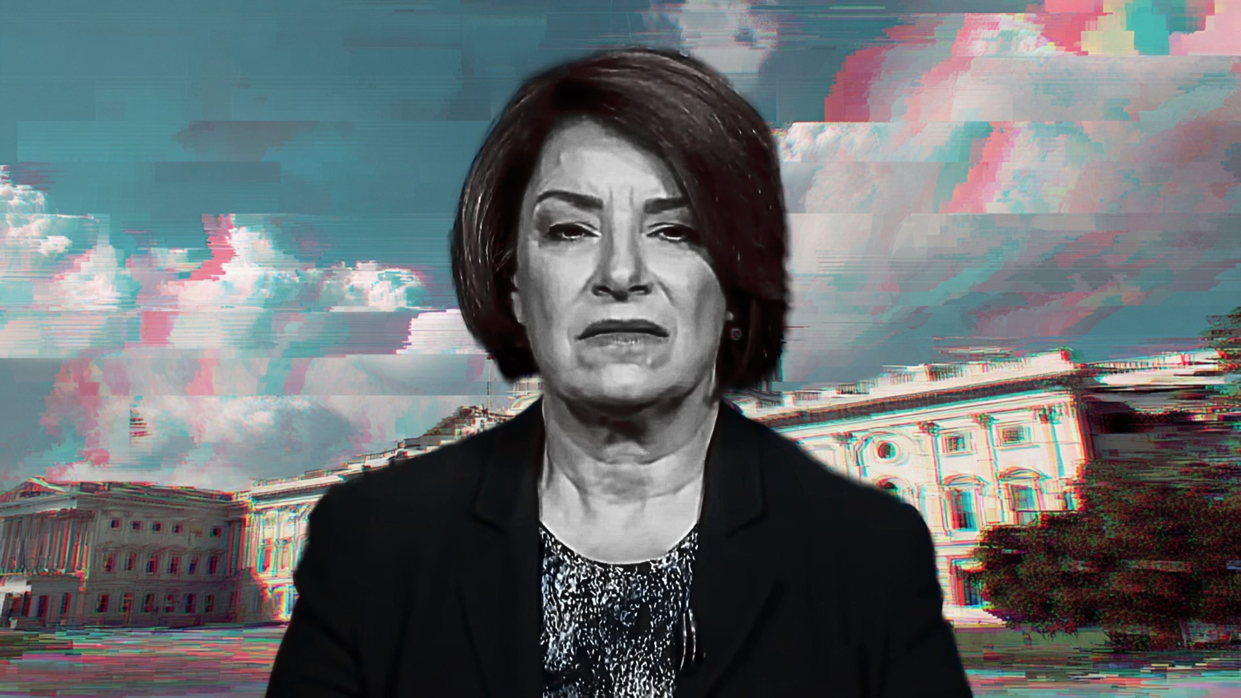 Grayscale portrait of a serious middle-aged woman with short dark hair wearing a dark blazer, set against a cyan-and-pink glitch-effect sky and a distorted neoclassical government building.