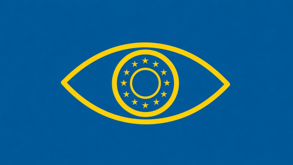 Yellow outline of an eye on a solid blue background, with a circular pattern of twelve yellow stars arranged in a ring inside the eye's pupil area.