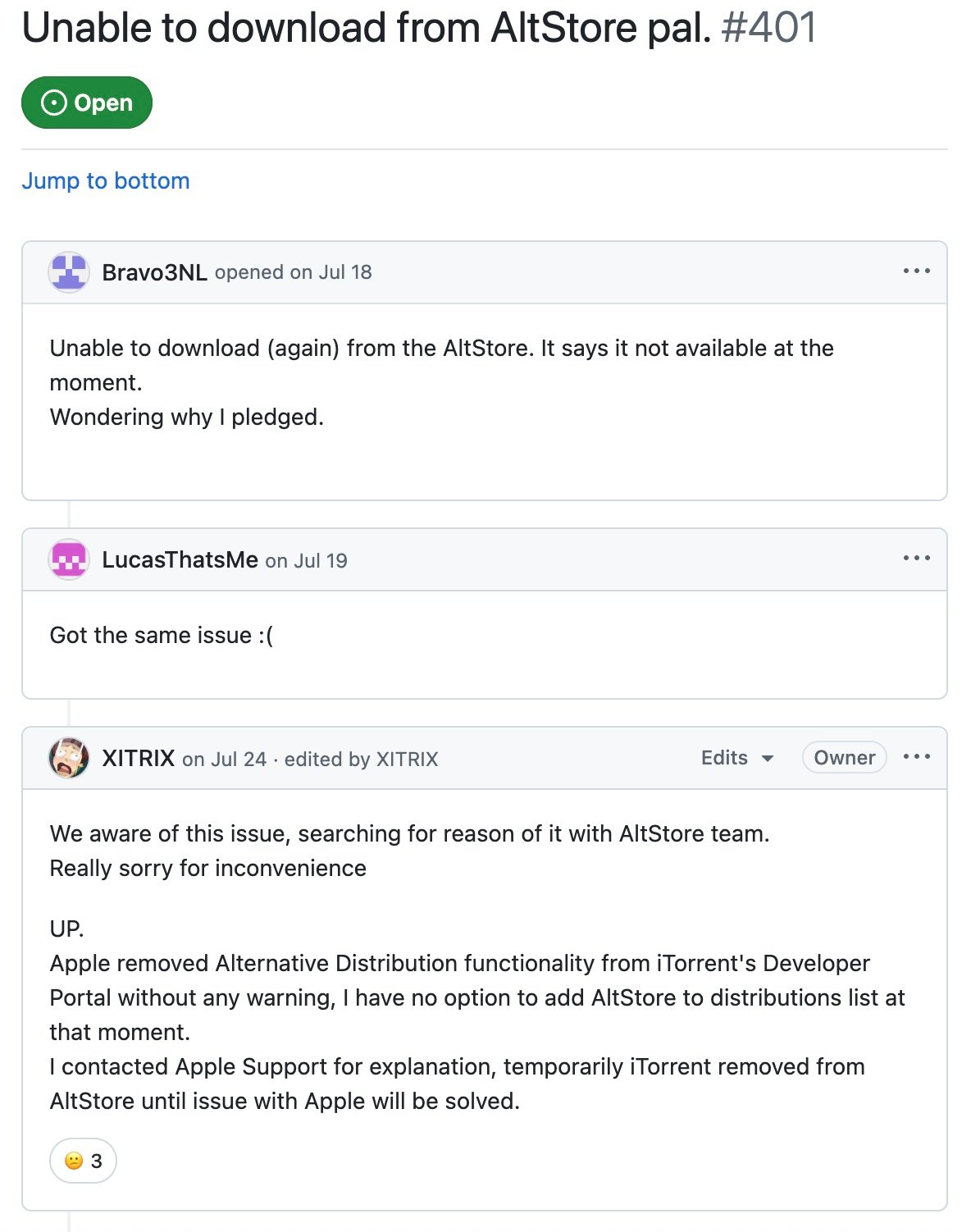 Screenshot of a GitHub issue titled “Unable to download from AltStore pal. #401” showing user comments complaining downloads are unavailable and an owner response explaining Apple removed Alternative Distribution functionality from iTorrent’s Developer Portal, so iTorrent was temporarily removed from AltStore while they contact Apple.