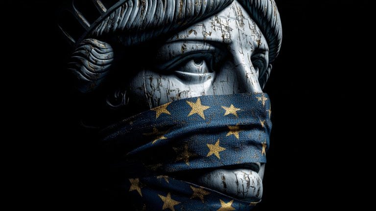 Close-up of a weathered, cracked Statue of Liberty face in dramatic low-key lighting with its mouth tightly bound by a frayed blue band patterned with yellow stars, the fabric's texture and chipped paint clearly visible against a black background.