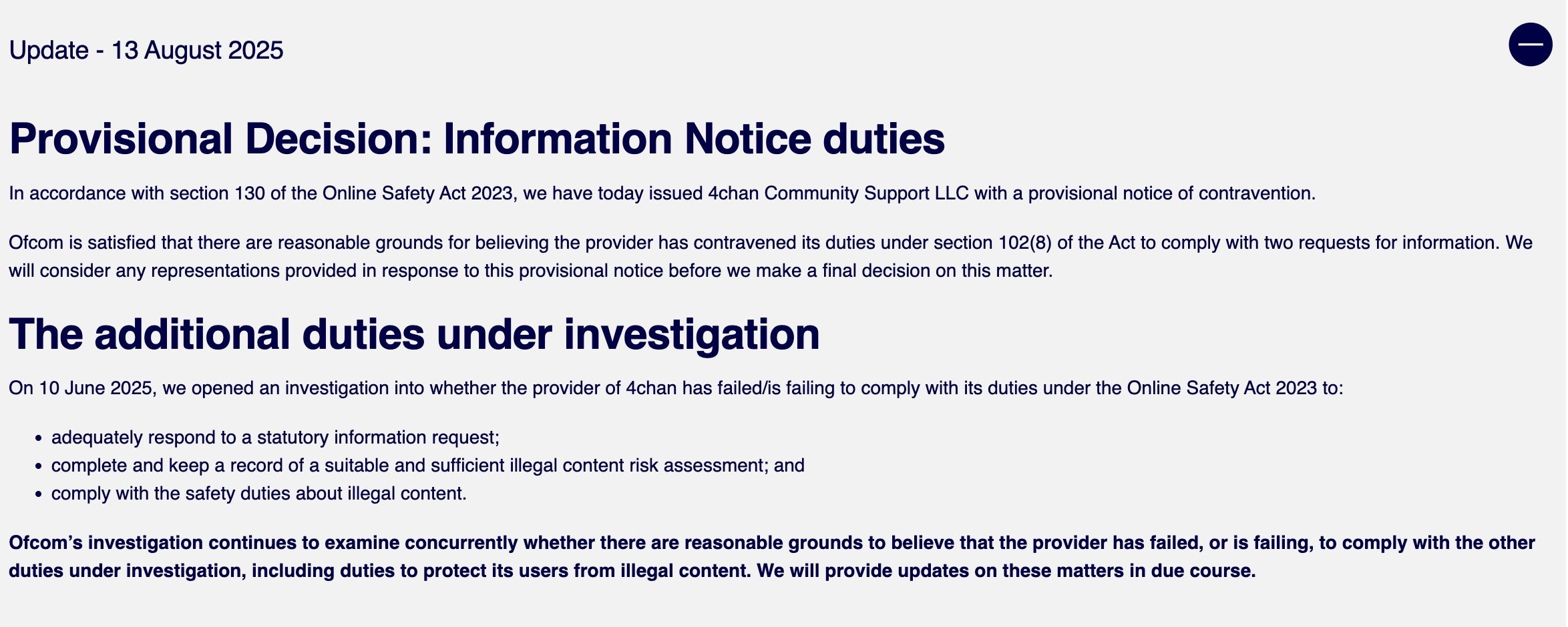 Screenshot of an Ofcom web page dated 13 August 2025 titled ‘Provisional Decision: Information Notice duties’, announcing a provisional notice of contravention issued to 4chan Community Support LLC and summarising ongoing investigations into failures to respond to statutory information requests, keep a suitable illegal content risk assessment, and comply with safety duties about illegal content.