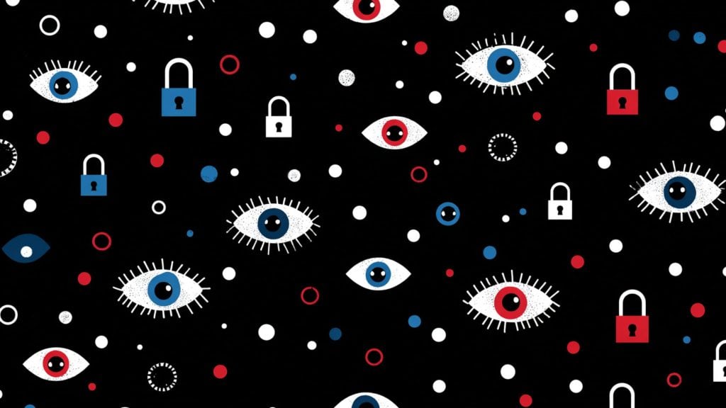 Repeating pattern on a black background of stylized white eyes with blue or red irises and lashes, interspersed with red, blue and white padlocks and scattered colored dots and rings.