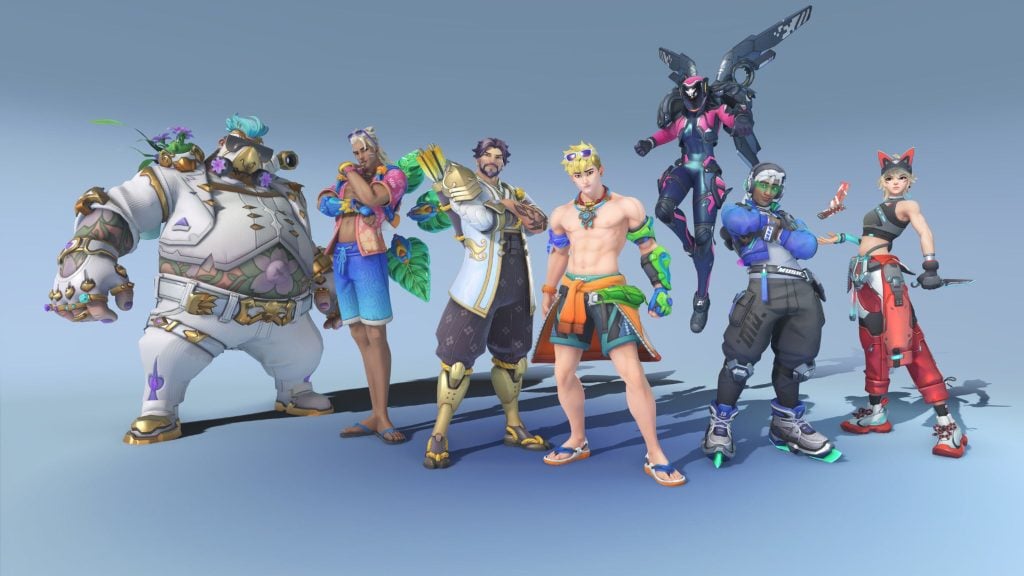 Seven stylized video-game characters stand in a row against a pale blue background: a large floral-tattooed man in a white suit with goggles at left; a relaxed tan man in blue shorts with a lei; a bearded figure in a white coat with golden prosthetic legs; a blond shirtless man in colorful beachwear; a hovering black-and-pink armored woman with mechanical wings; a headphone-wearing skater in baggy pants with rollerblades; and a cat-eared woman in red pants holding a knife.