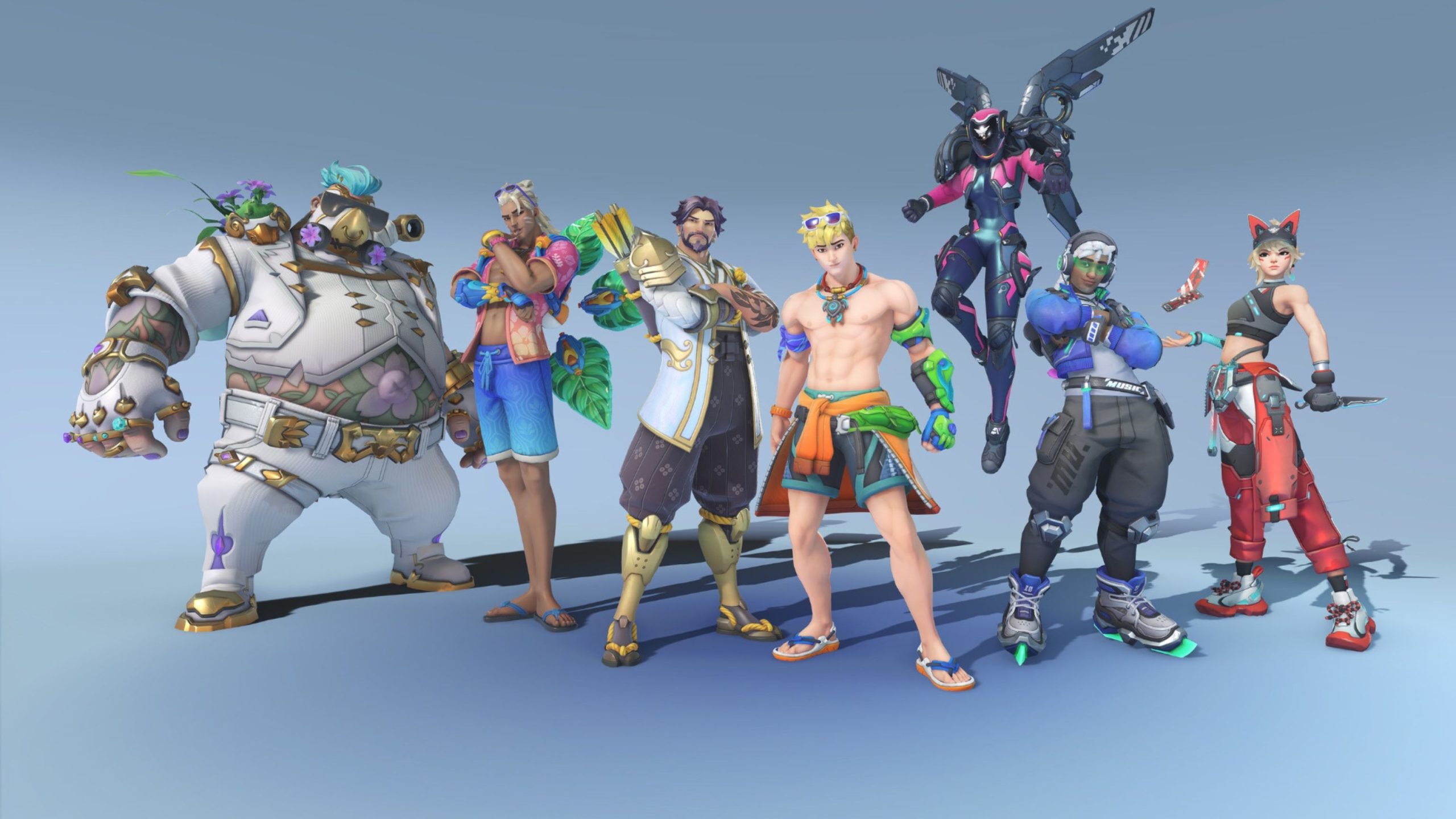 Seven stylized video-game characters stand in a row against a pale blue background: a large floral-tattooed man in a white suit with goggles at left; a relaxed tan man in blue shorts with a lei; a bearded figure in a white coat with golden prosthetic legs; a blond shirtless man in colorful beachwear; a hovering black-and-pink armored woman with mechanical wings; a headphone-wearing skater in baggy pants with rollerblades; and a cat-eared woman in red pants holding a knife.