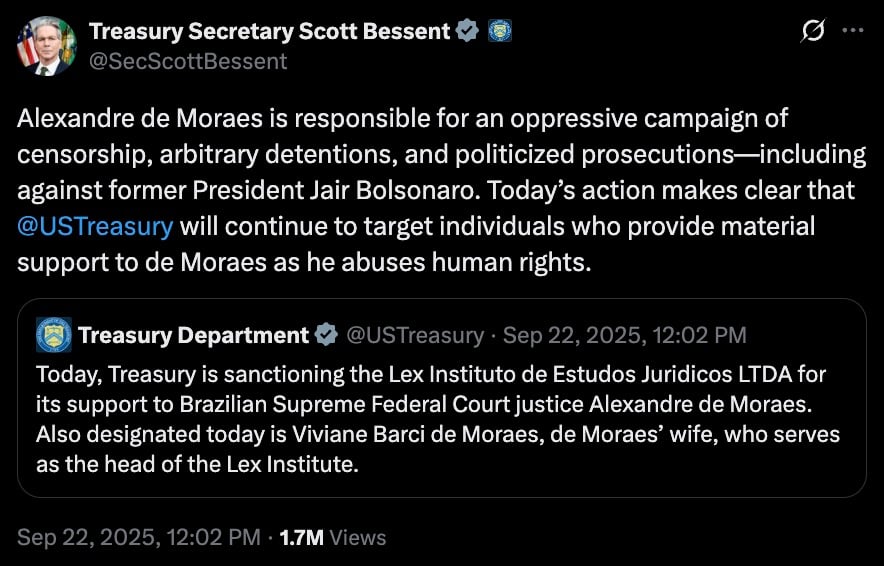 A tweet from Treasury Secretary Scott Bessent (@SecScottBessent) dated July 30, 2025. It states that the U.S. Treasury is sanctioning Brazilian Supreme Federal Court Justice Alexandre de Moraes for authorizing arbitrary pre-trial detentions and suppressing freedom of expression. The tweet accuses de Moraes of censorship, human rights violations, and politicized prosecutions, including against former President Jair Bolsonaro. It concludes that the Treasury will hold accountable those who threaten U.S. interests and limit freedoms. The tweet shows 19.5K views.