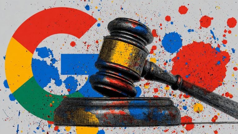 A judge's wooden gavel and sound block splattered with red, blue, and yellow paint over a large multi-colored Google 'G' logo background.
