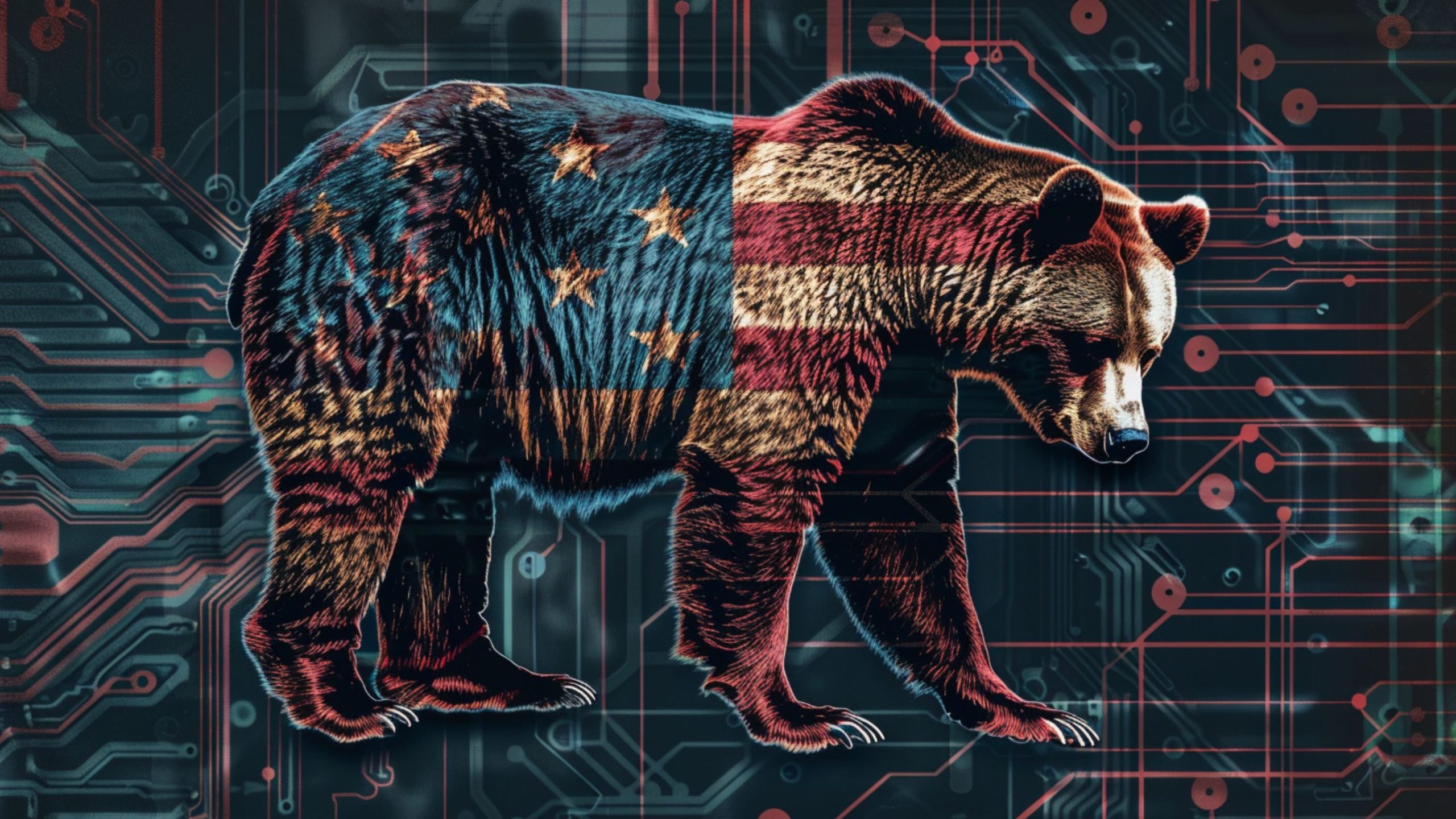 Stylized bear with an American flag overlay—stars on the rear and red-and-white stripes on the front—walking across a dark circuit-board background with red circuitry lines.