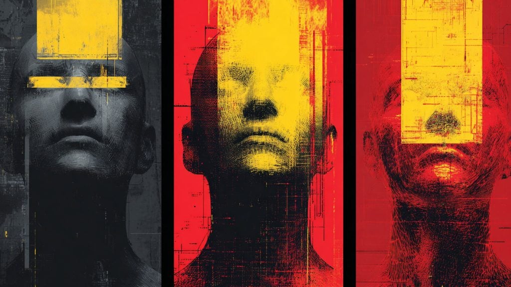 Triptych of three stylized human busts rendered with fingerprint-like textures: a dark gray left panel with a horizontal yellow bar across the eyes, a central red panel with a yellow rectangle obscuring the forehead, and a red right panel with a tall yellow block covering the nose and eyes, all overlaid with distressed, glitchy markings.