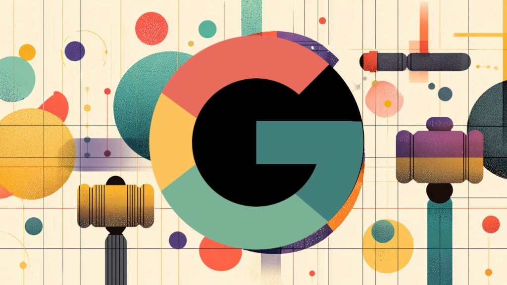 Stylized circular 'G' formed from red, yellow, teal and green segments with a black center, centered on a cream grid background filled with textured multicolored circles and two gavel-like silhouettes.