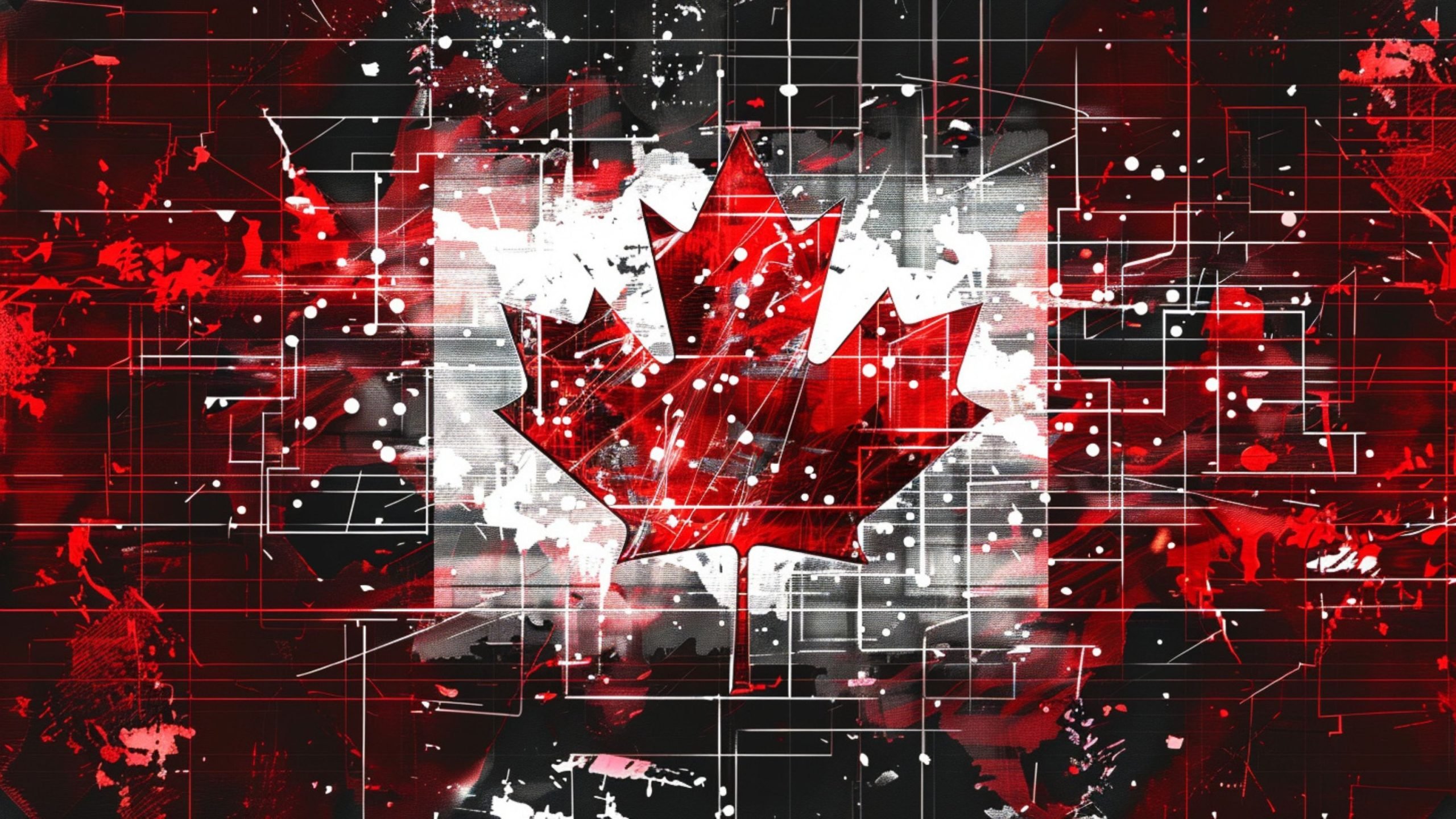 A stylized Canadian flag featuring a large red maple leaf at center over white vertical bands, set against a black-and-red textured background with paint splatters and a grid of white lines and circuit-like dots.