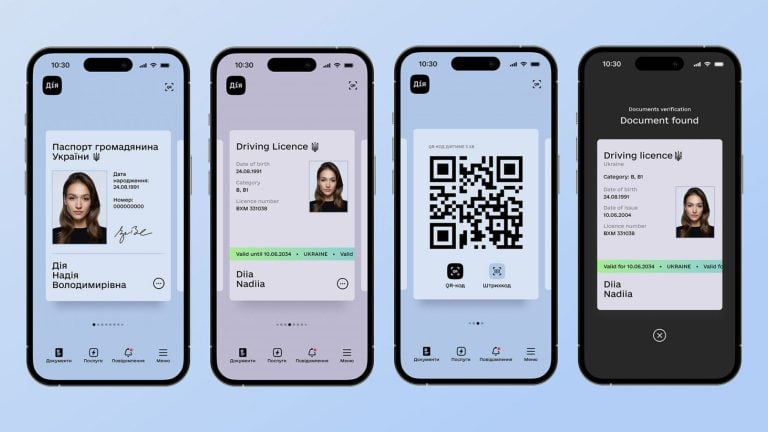 Four smartphone screens of a Ukrainian digital ID app: a citizen passport card with a woman's portrait and personal details, a driving licence card with the same portrait, a large QR-code screen, and a dark verification screen displaying "Document found" and driving licence information.