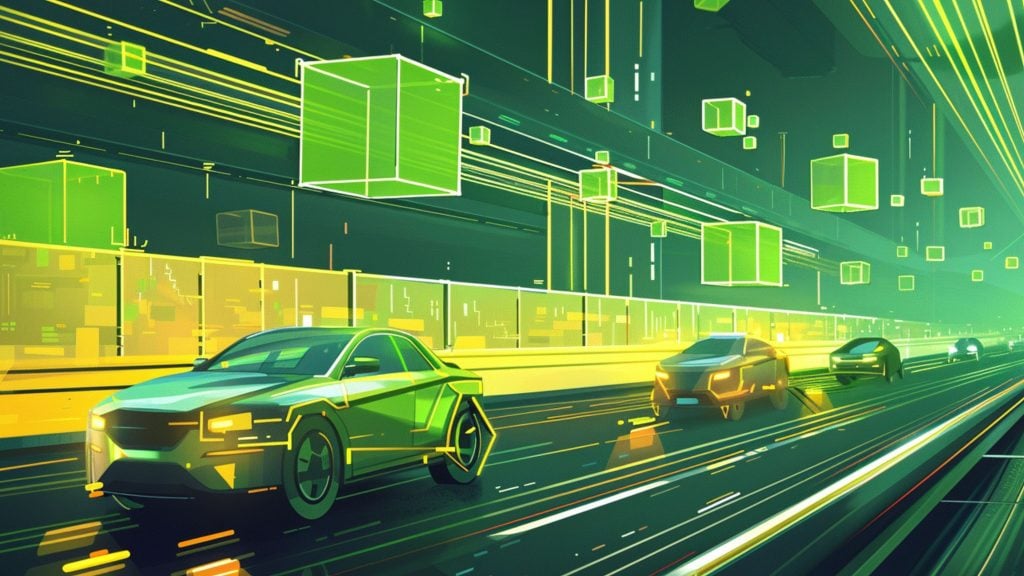 Several futuristic neon-green cars speed through a glowing urban tunnel, with floating illuminated cubes above and streaking light trails conveying high-speed motion.
