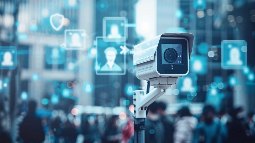 Close-up surveillance camera mounted on a pole in a busy urban crowd, with blue digital face-recognition icons and translucent profile outlines over a blurred city background.